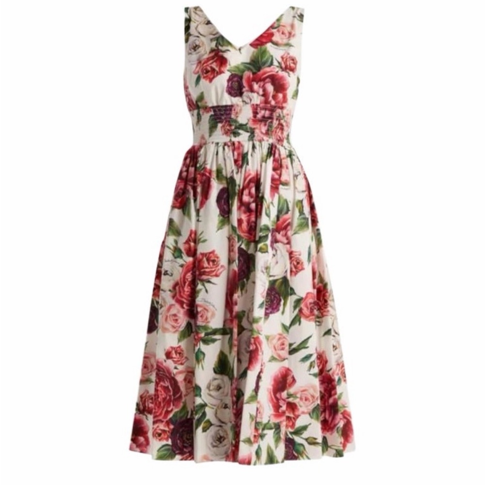 Dolce & Gabbana White Midi Dress with Red & Pink Rose Print